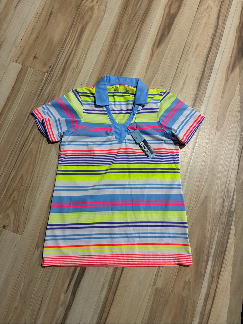 Antigua Neon Multi-Stripe Polo - Light Blue Collar